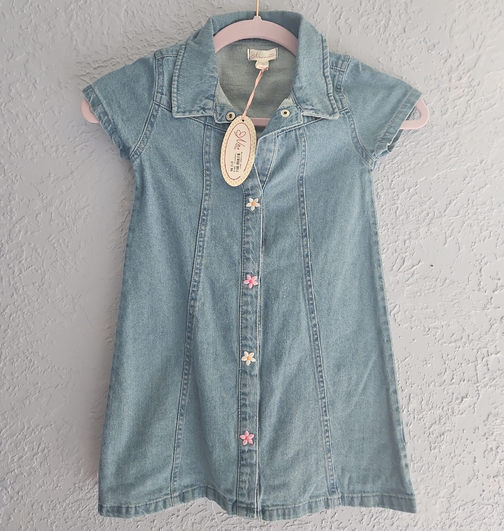 Girls' Light Blue Denim Dress with Floral Buttons - , Kids Dresses
